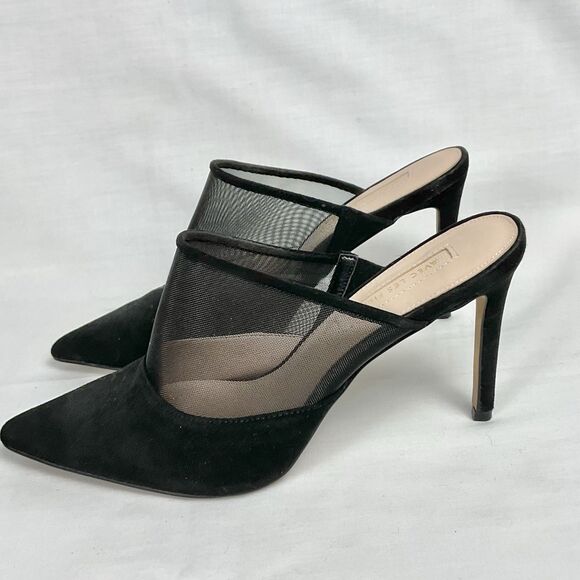 Avec Les Filles JOELLE Mule Heels Sz 8 Black Suede & Mesh Stiletto Heel - Picture 1 of 8